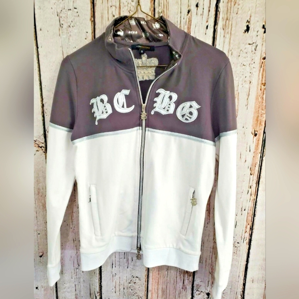 BCBGMAXAZRIA Medium Women's Zip Up‎ Applique Graphic Sweatshirt Jacket EUC!